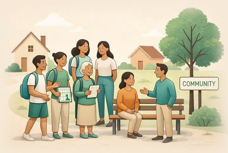 Ilustrace lidí, kteří se venku setkávají jako součást místní komunity.